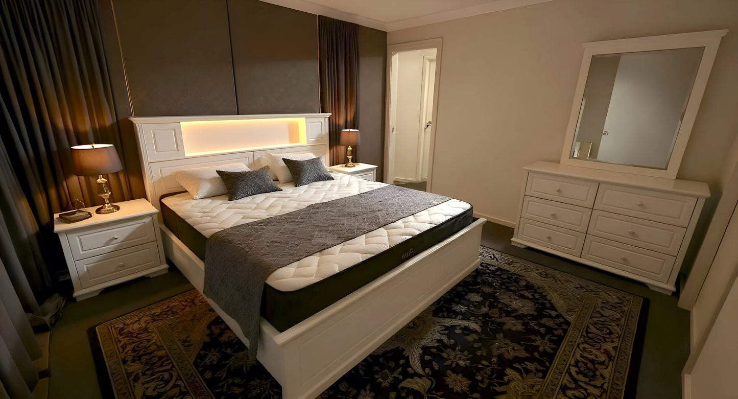 Venus storage bed with bedside tables and dresser with mirror