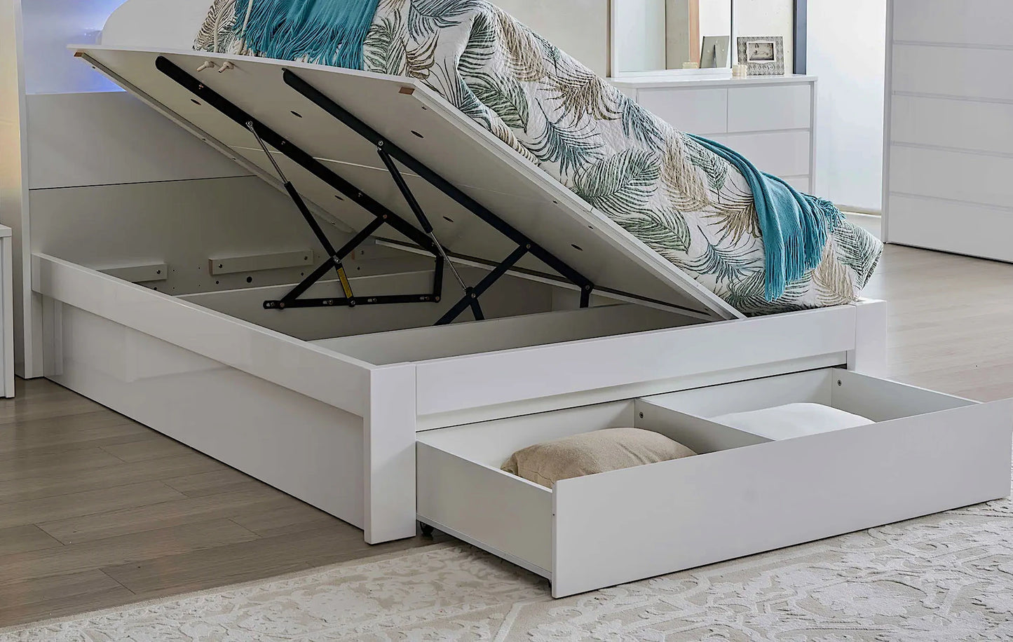 London bed frame with side gas lift and bed end drawer storage in white