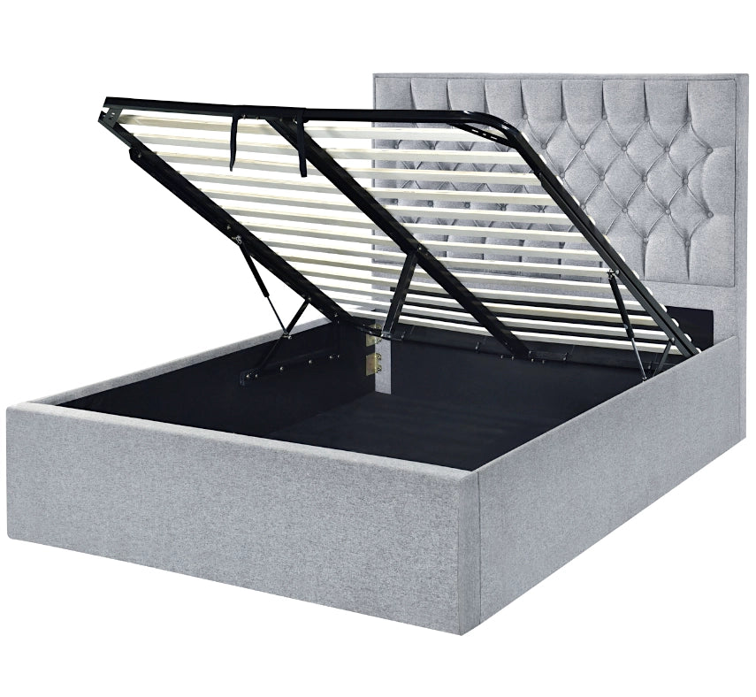 William gas lift bed frame with gas lift storage in grey fabric
