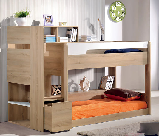 Zegna low line bunk bed with single over single design, comes with stairs, bookshelf, drawer and bench, best kids bunk bed
