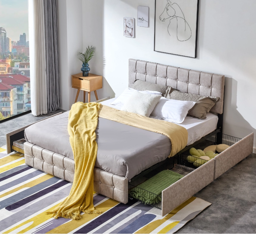 Norwa storage bed frame with drawers pulled out – beige fabric double or queen size bed in modern bedroom