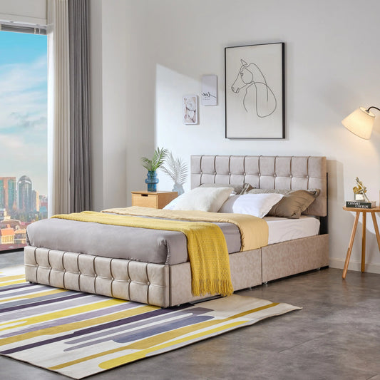 Modern Norwa bed frame in beige fabric – storage platform bed with upholstered headboard and side drawers