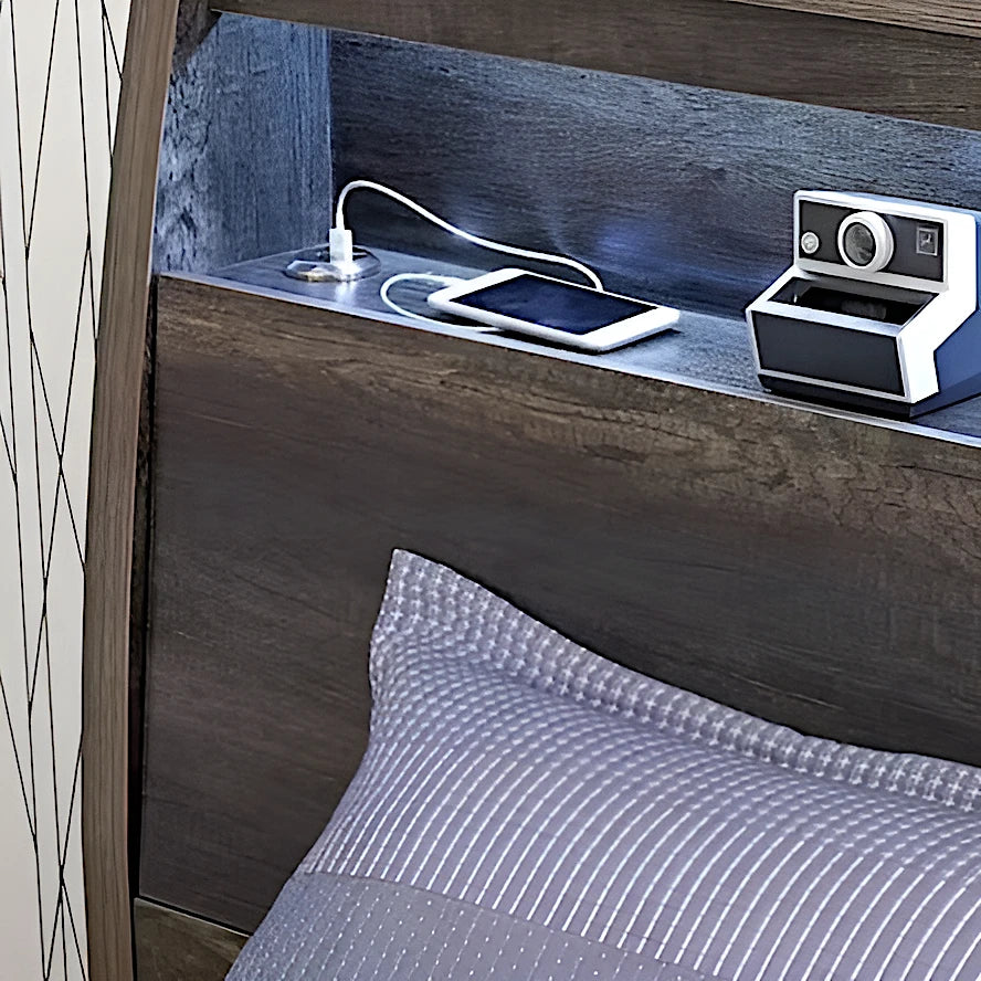Accent bed frame with USB and LED lights in headboard