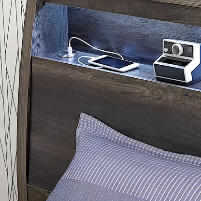 Accent bed frame with USB and LED lights in headboard