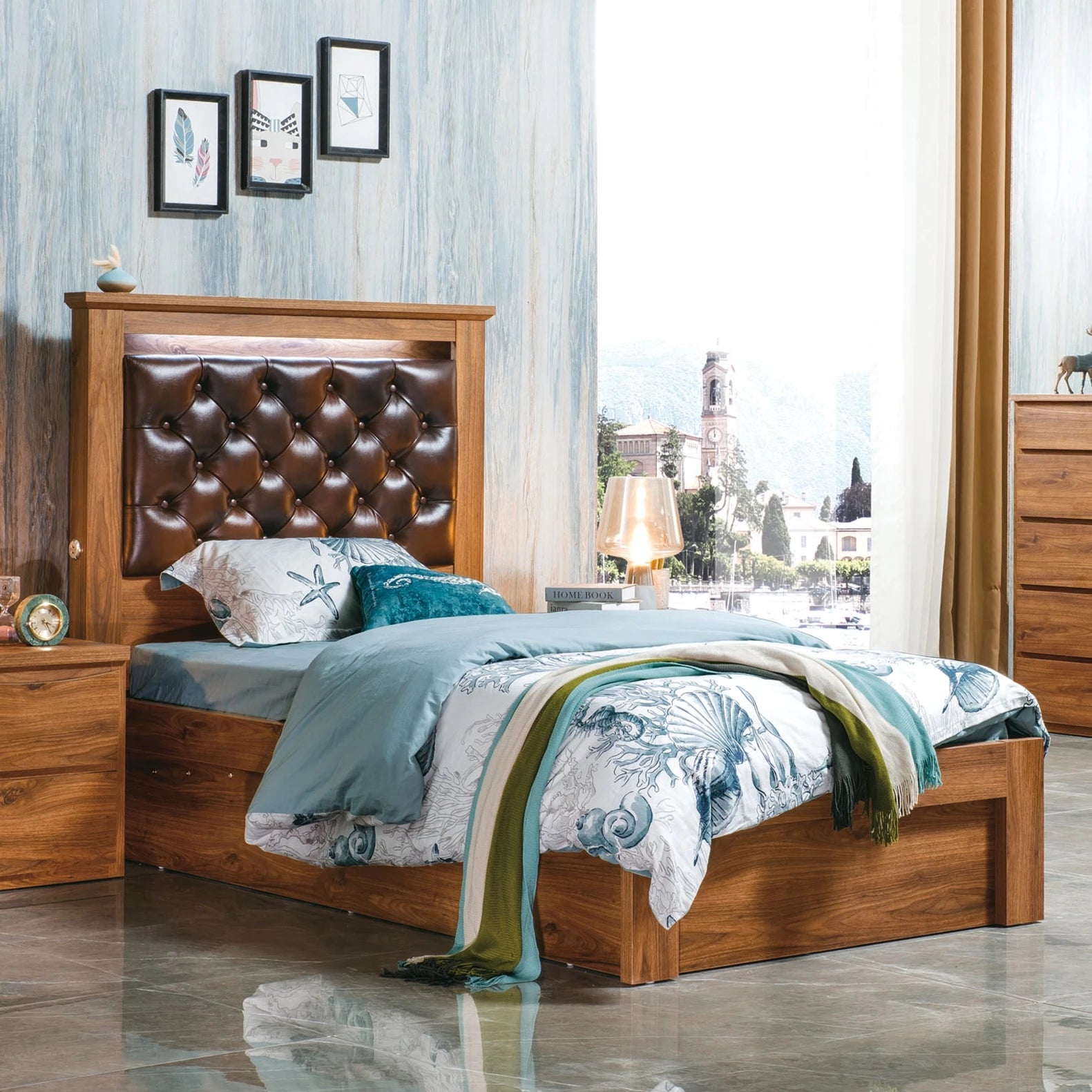 Alexander king single bed frame in walnut, with gas lift storage and LED headboard