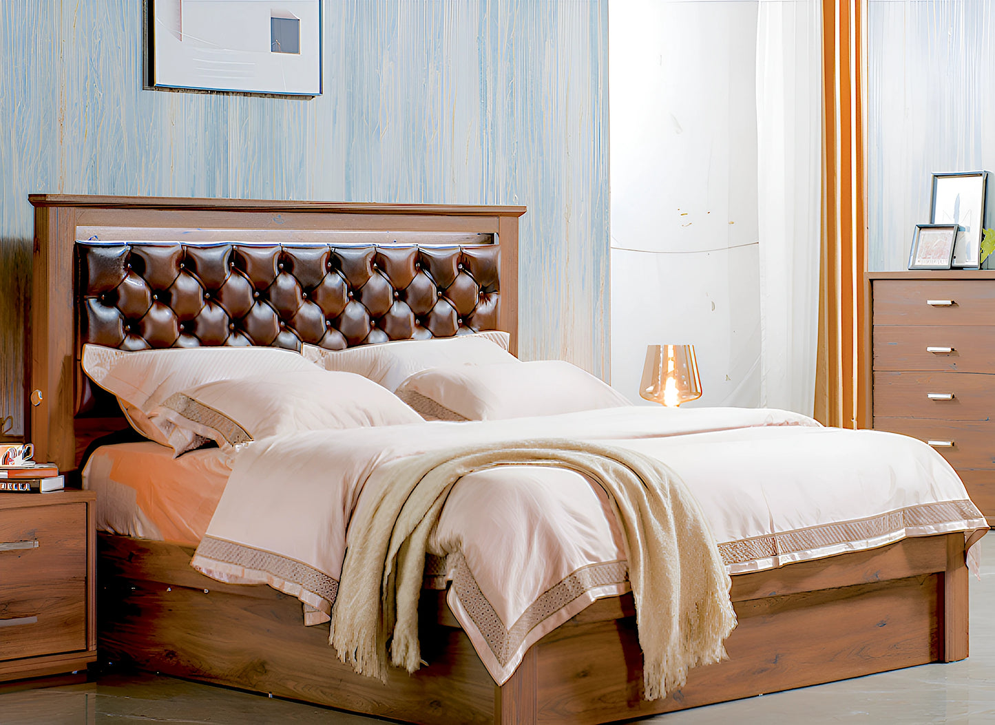 Alexander king bed frame with led and leather headboard