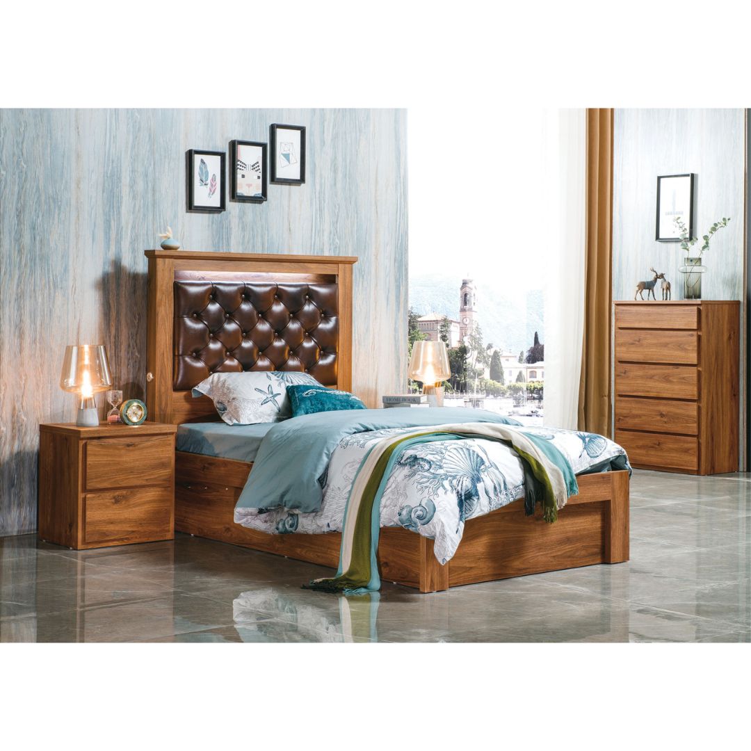 Alexander king size bed frame features leather head rest, LED light and USB charger on the bedhead. 