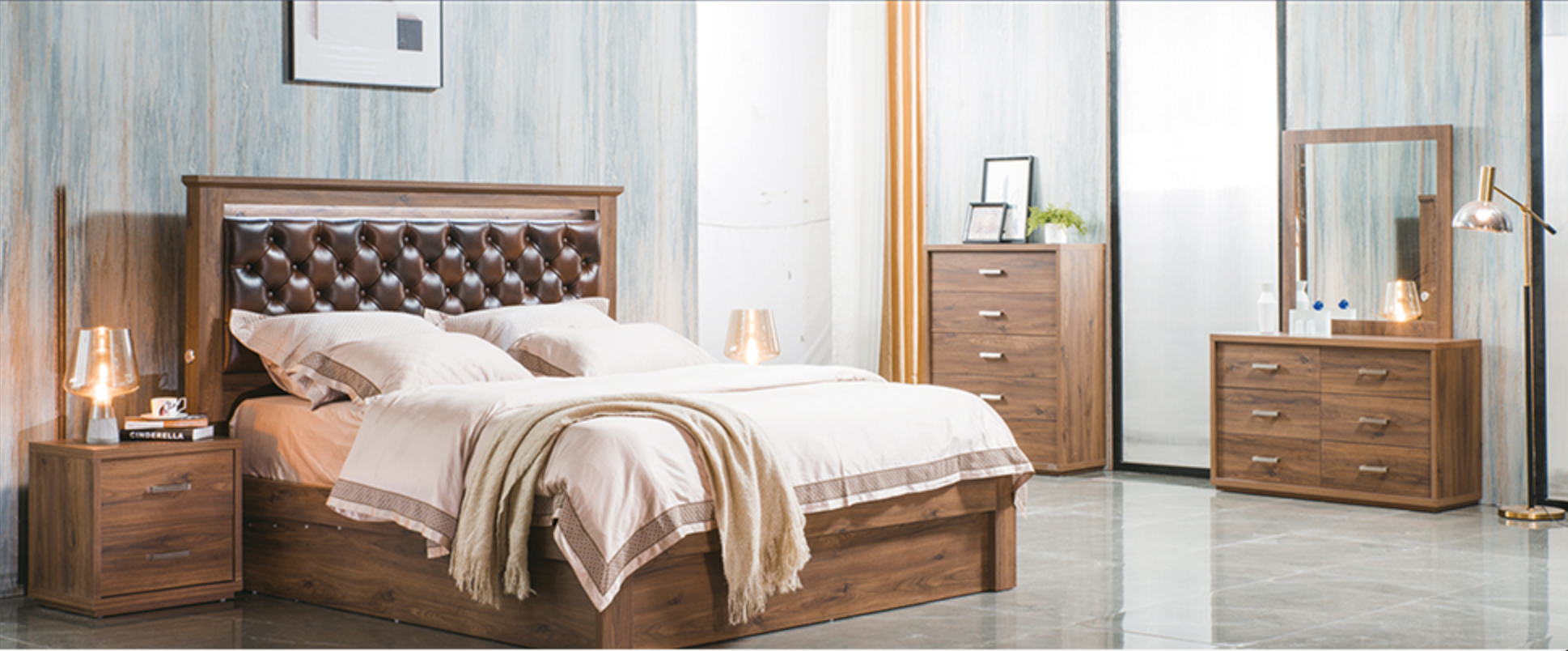 Alexander queen bed, bedside, tallboy and dresser, colour: rustic walnut