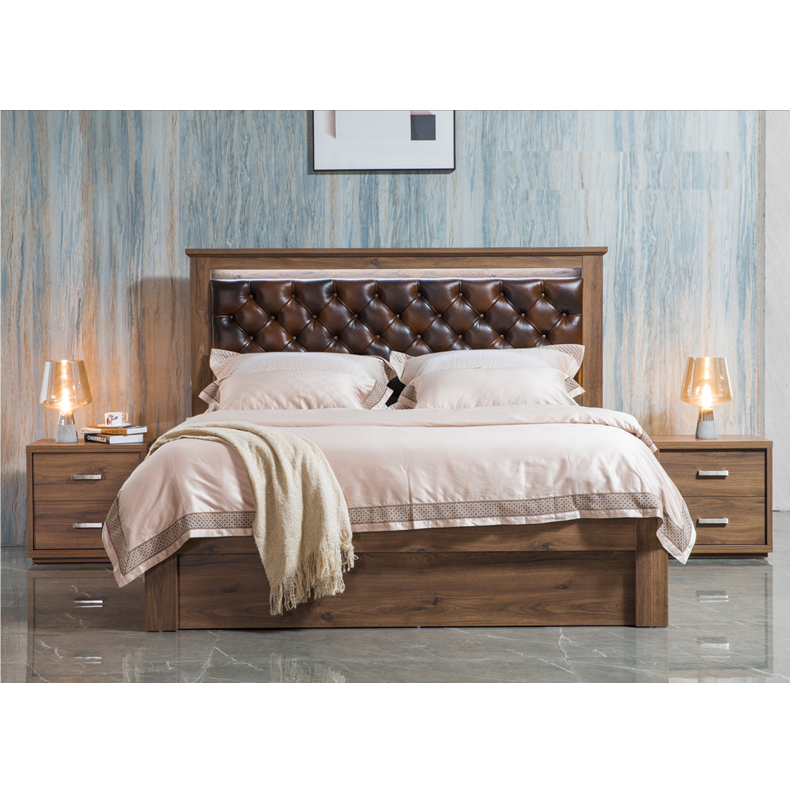 alexander rustic walnut queen bed gas lift , side lift end drawer
