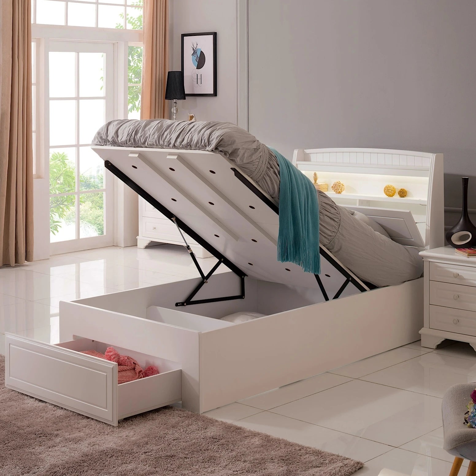 Alice bed frame in white with gas lift and drawer - available in single and king single size