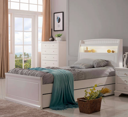 Alice bed frame in white with trundle or gas lift storage option, LED lights and book shelf in headboard - available in single and king single size