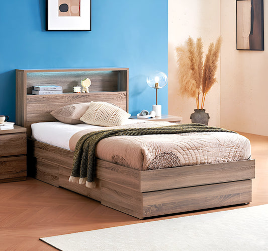 Alpha bed frame in mocha oak, with book shelf, LED lights and storage base - available in single and king single size