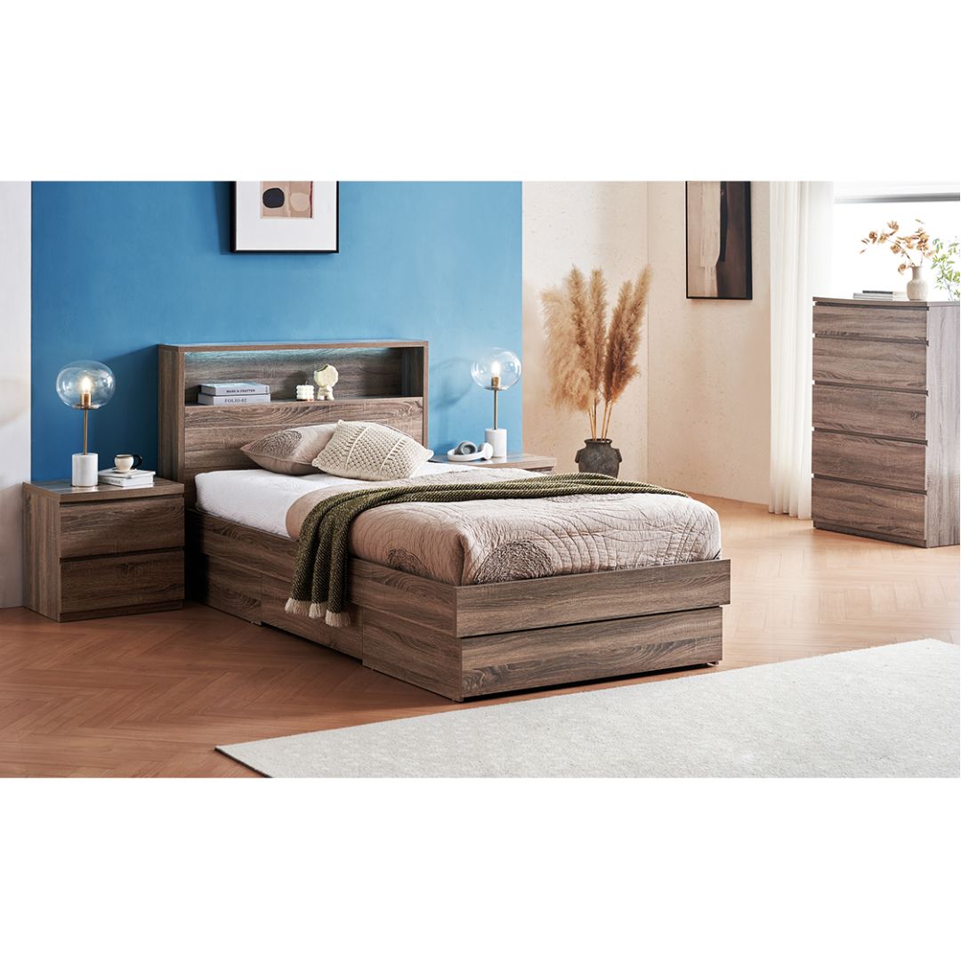 Alpha storage bed frame with three drawers, matching bedside table and tallboy