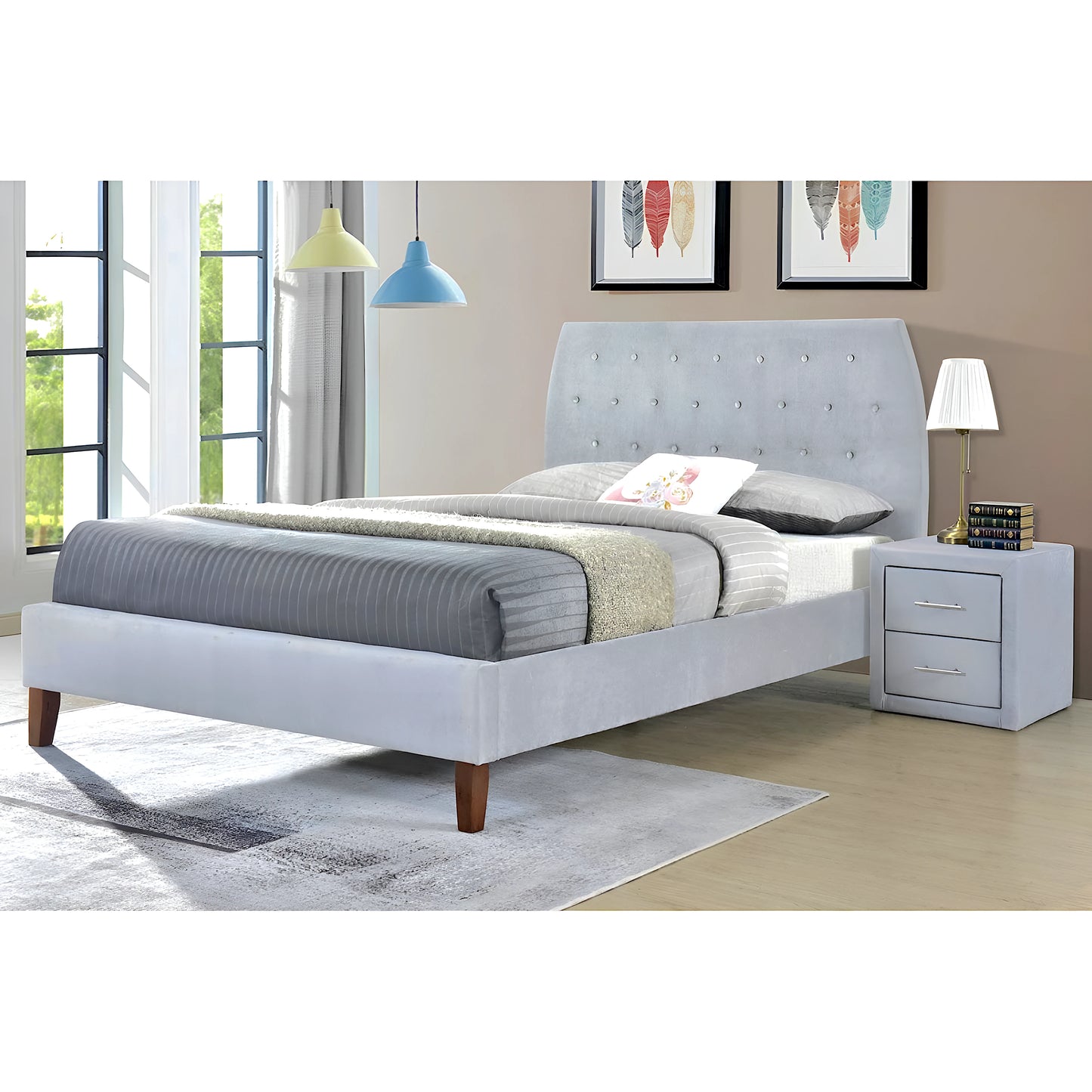 Angela platform bed frame and bedside table in plush velvet fabric - available in king single, double, queen and king size