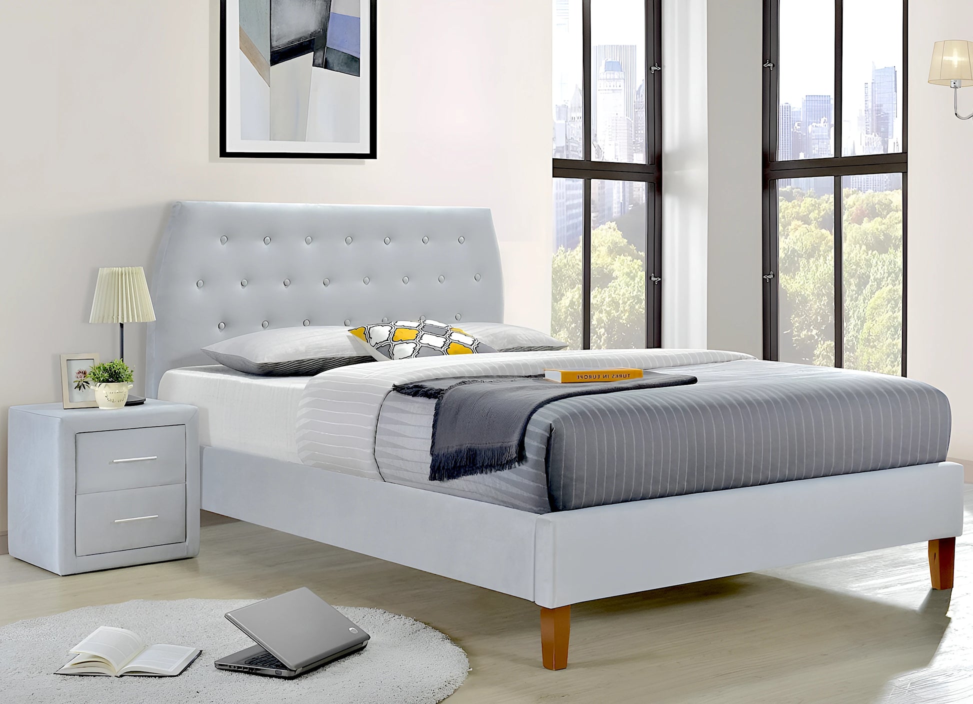 Angela bed frame with bedside table in plush velvet fabric - available in king single, double, queen and king size