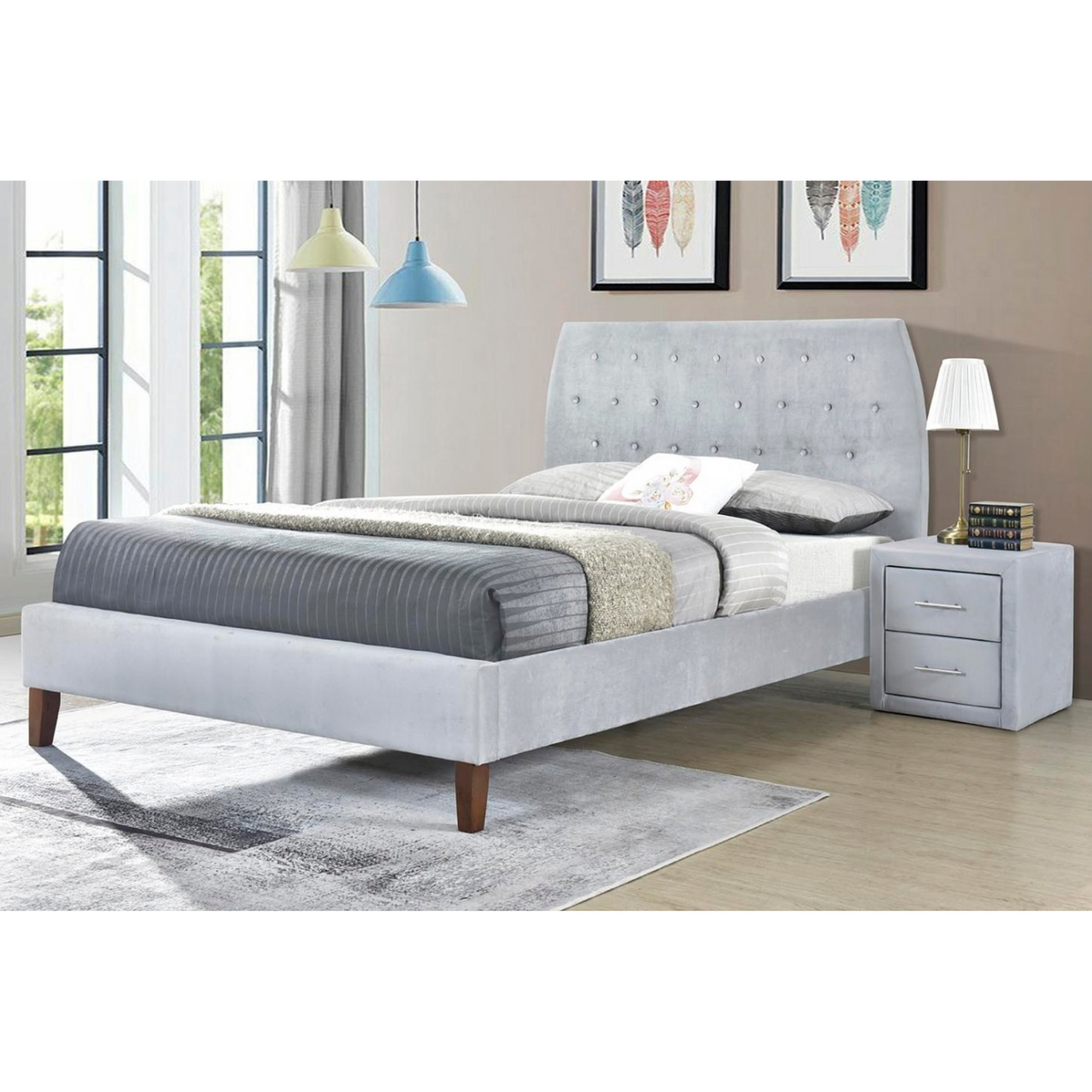 angela bed frame velvet silver, angela bedside