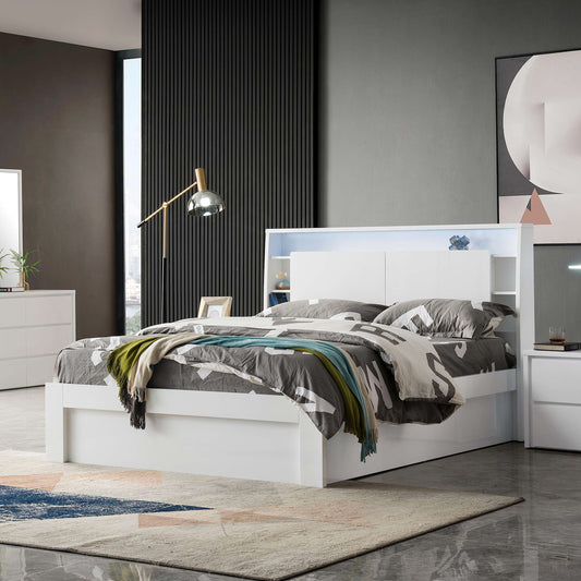 Argo queen size bed frame in gloss white, bed with LED lights in headboard, gas lift storage and book shelf