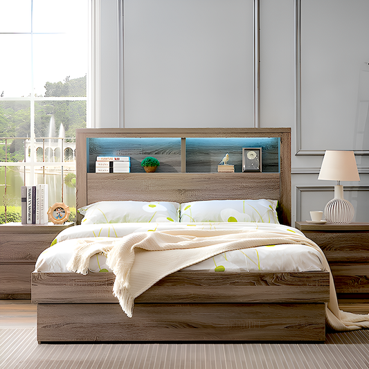 Oak colour Bali queen bed with book shelf and LED lights in headboard