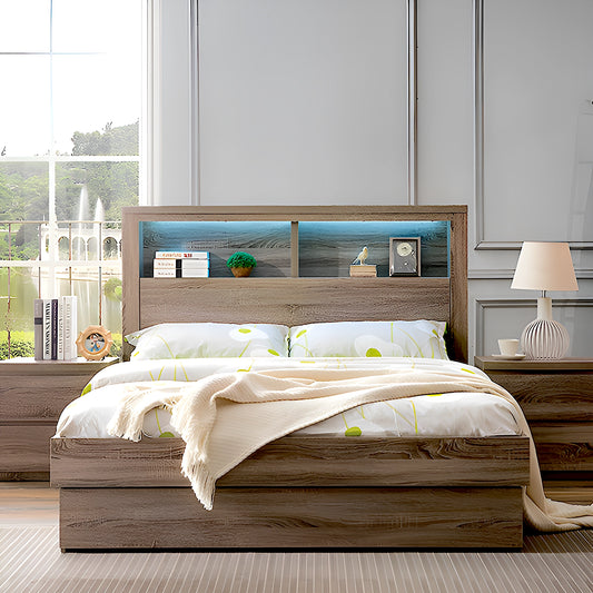 Bali bed frame in mocha oak with storage, choose between gas lift, side gas lift with drawer and three drawer for under bed storage - available in double, queen and king size