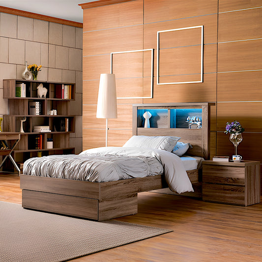 Bali bed frame in mocha oak with end drawer storage, available in single and king single size