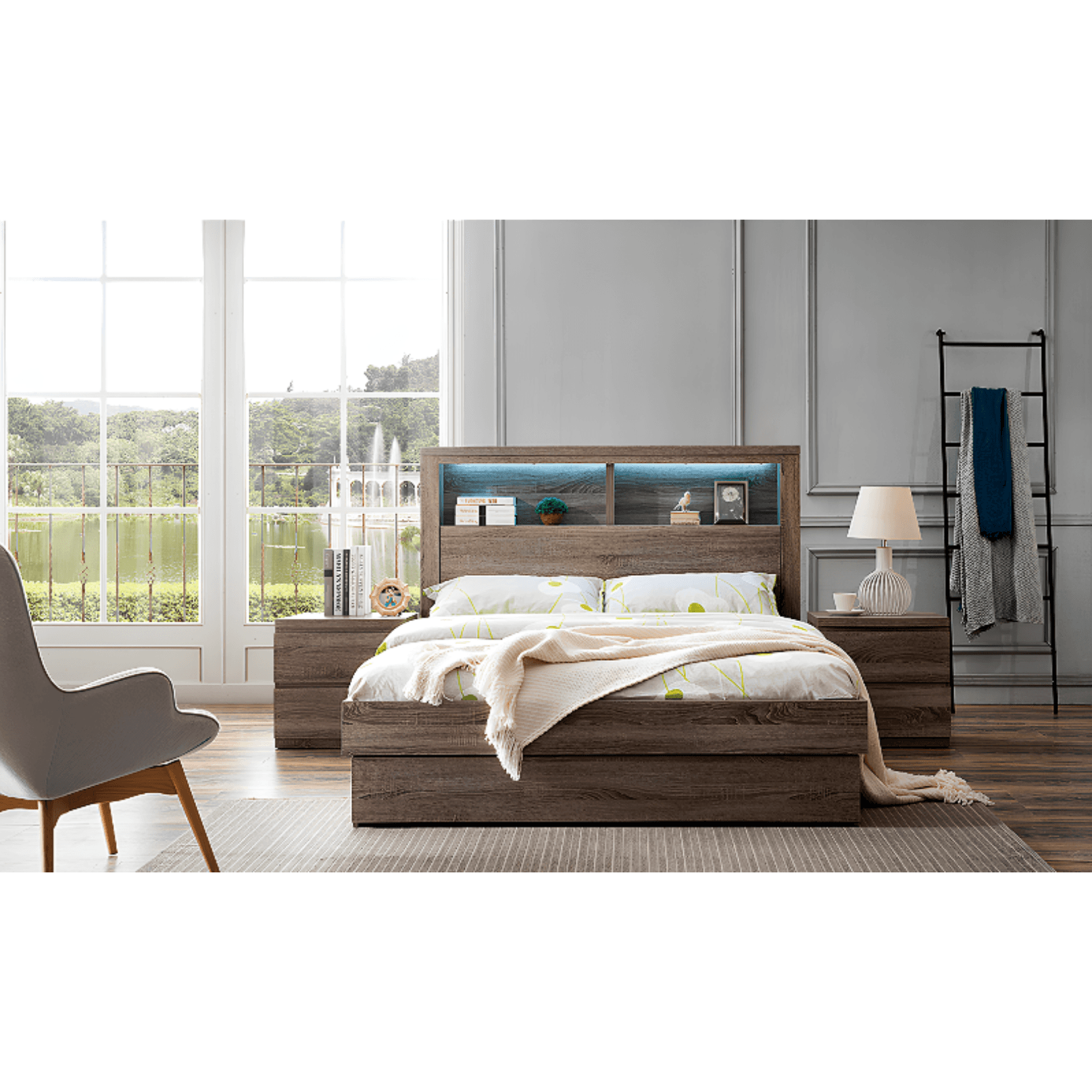 Bali queen bed mocha oak with 3 drawers, comes in double, queen or king size, gloss white colour available