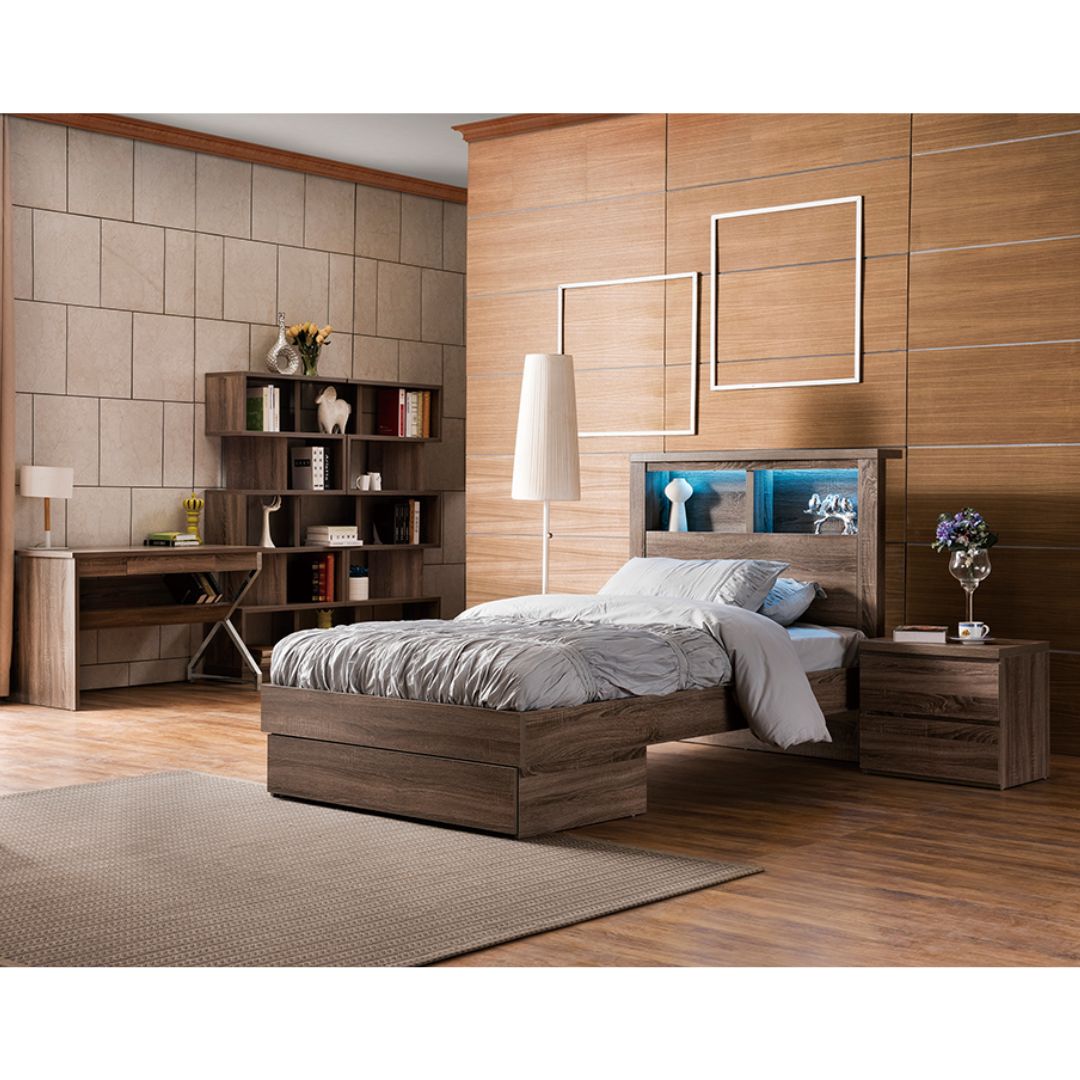 Bali king single bed frame in mocha oak colour, foot end drawer only.