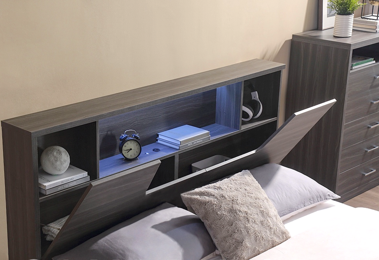 Cambridge bed frame with led lights and book shelves in headboard. walnut colour