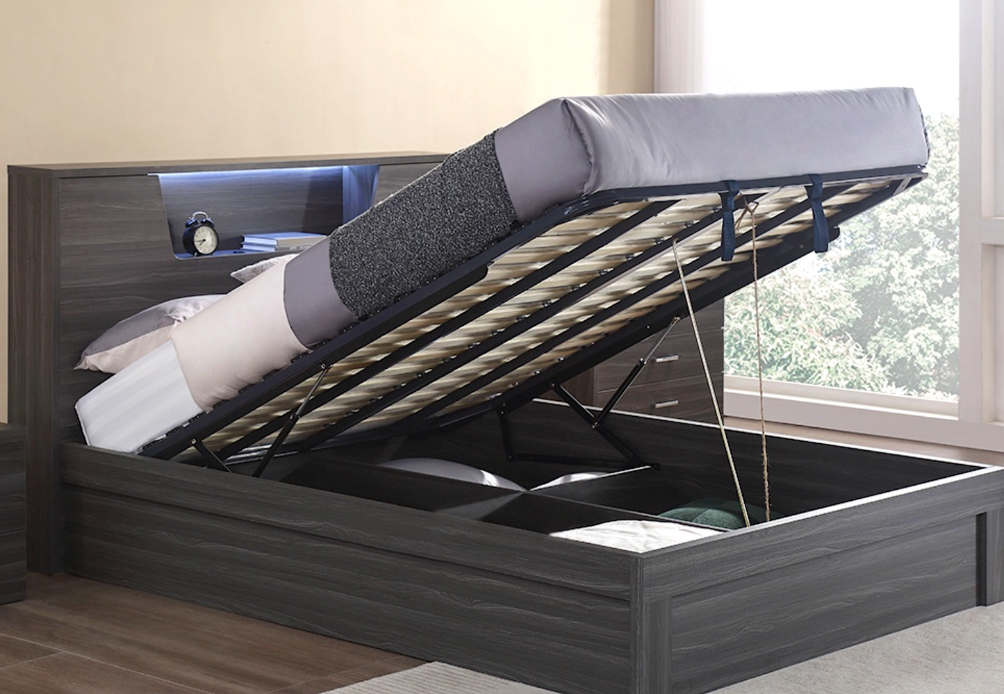 Cambridge queen bed frame with gas lift storage underneath.