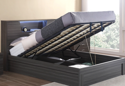 Cambridge queen bed frame with gas lift storage underneath.