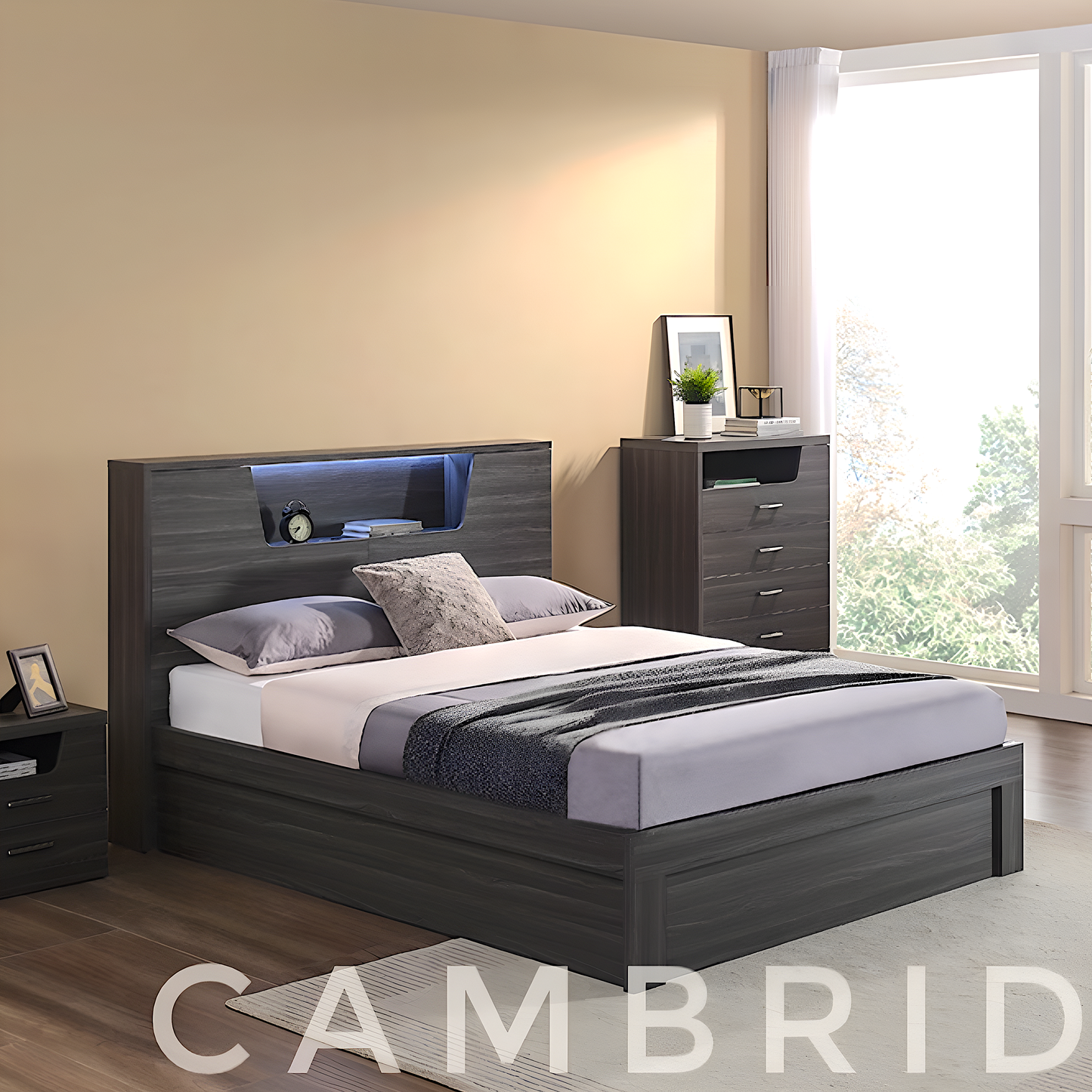 Cambridge queen size bed frame with led lights in headboard, bed with book shelf and gas lift storage underneath