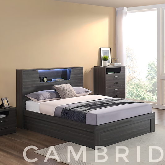 Cambridge queen size bed frame with led lights in headboard, bed with book shelf and gas lift storage underneath