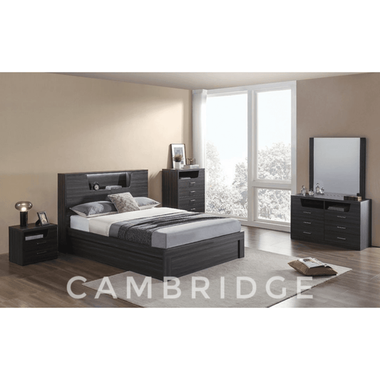 cambridge gas lift bed walnut or oak, bedside table, dresser, tallboy, LED light, USB charger and Bas lift
