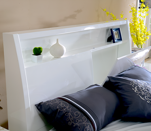 Chicago queen bed with book shelf and led lights in headboard
