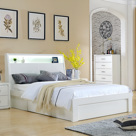 Chicago queen bed with gas lift storage - gloss white colour