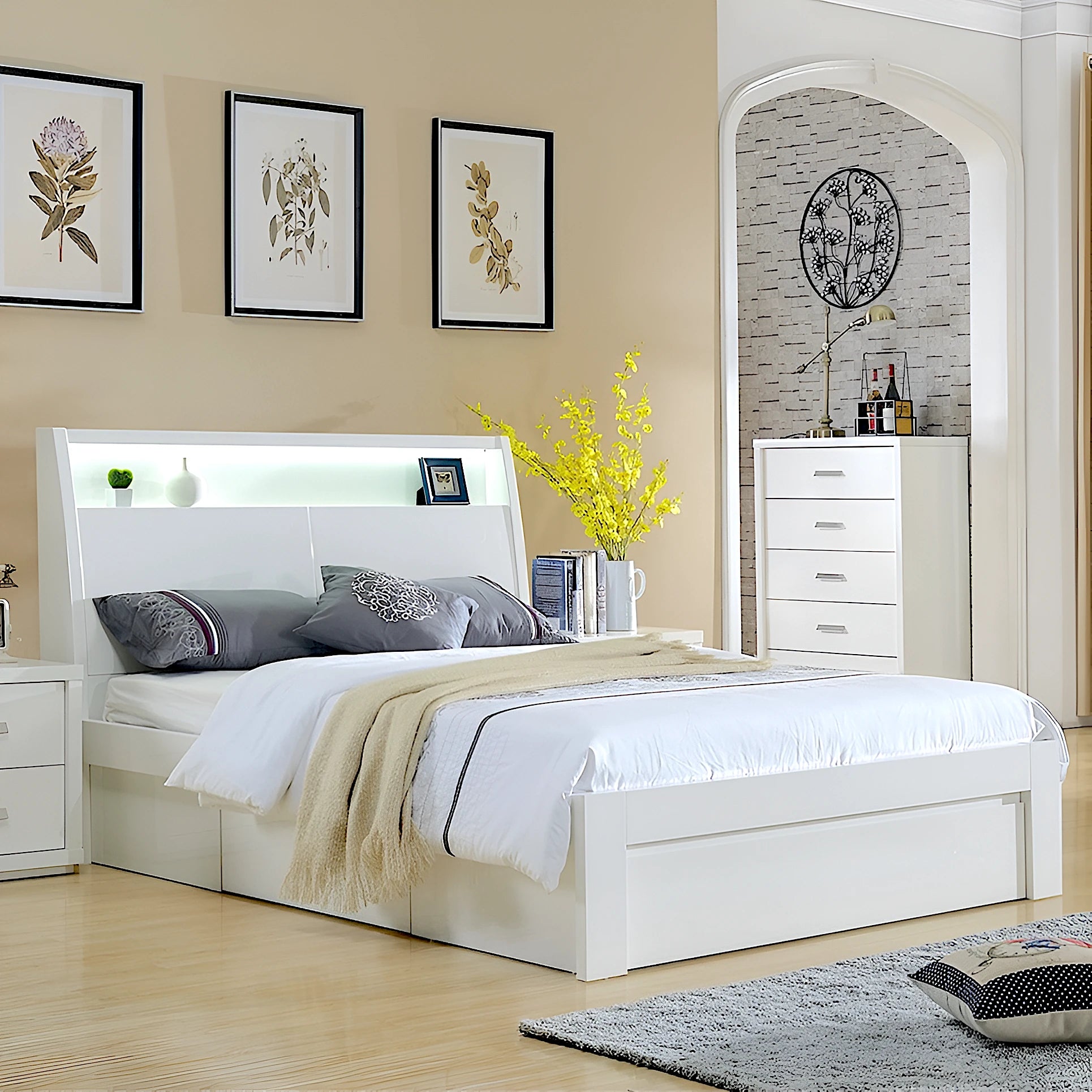 Chicago bed frame with gas lift and drawer storage in gloss white - available in double, queen and king size