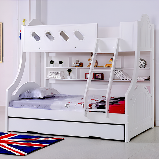 Cloudy bunk bed is a white colour single over double bunk bed with a single trundle and book shelf.