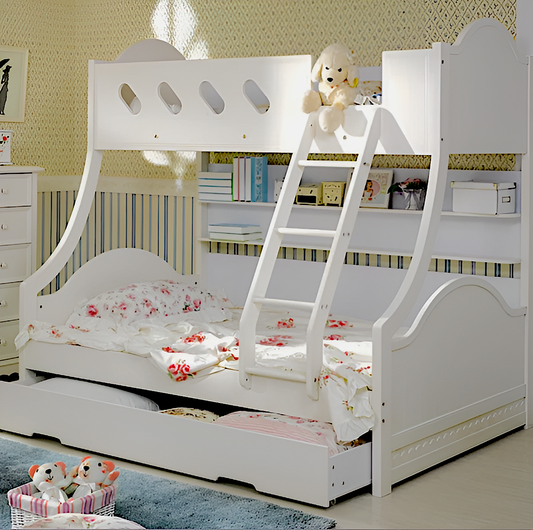 Cloudy kid's bunk bed is a white colour single over double bunk bed with a single trundle and book shelf.