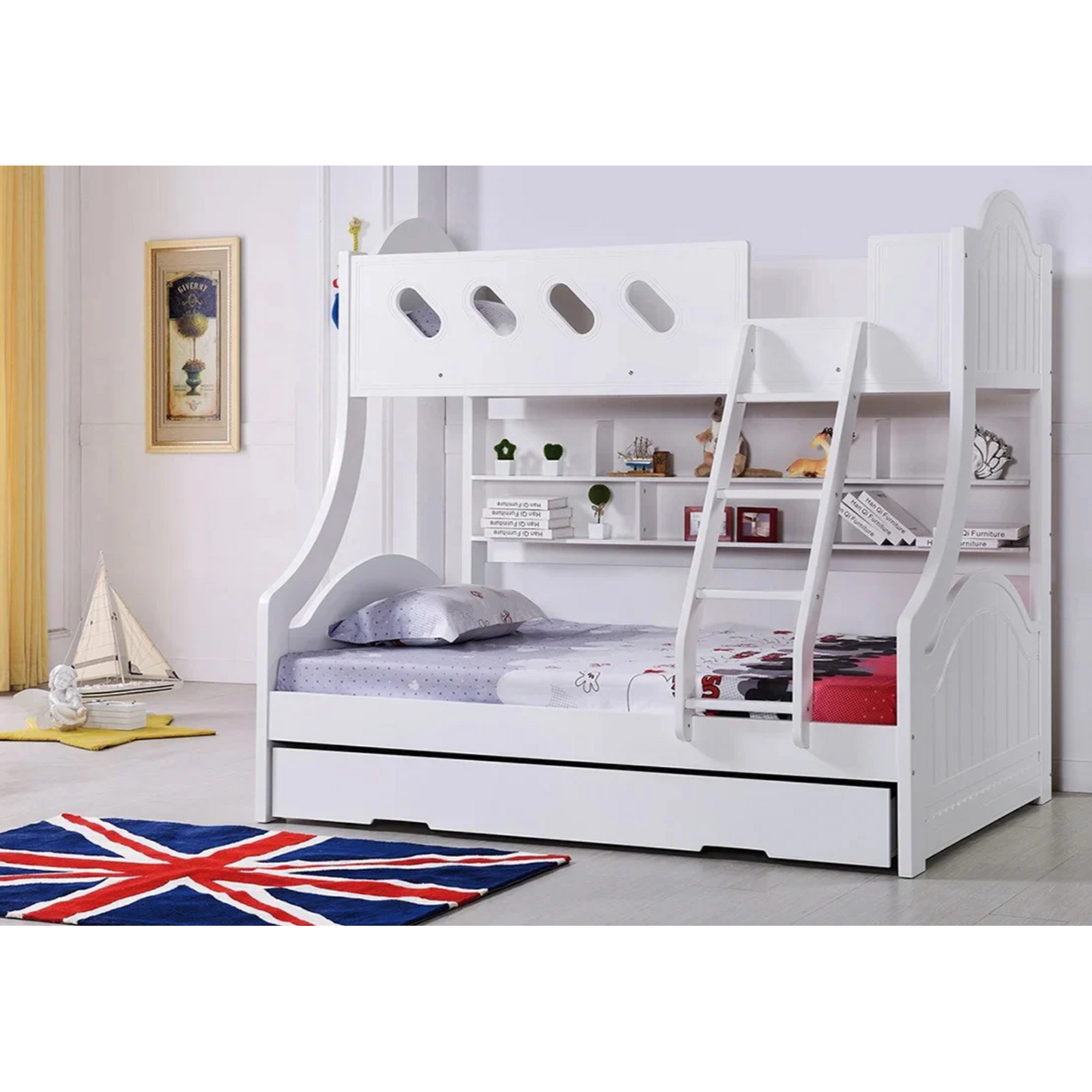 Cloudy bunk bed Ivory White, trundle, single over double, book shelf and single trundle, ladder, kids bed