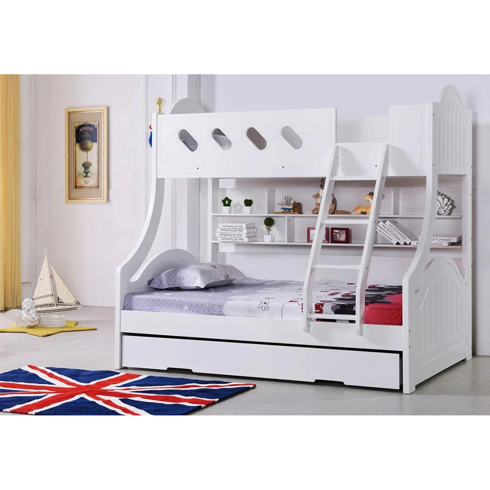 Cloudy bunk bed Ivory White, trundle, single over double, book shelf and single trundle, ladder, kids bed