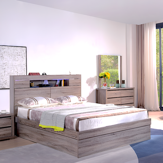 Copenhagen queen size bed with LED lights in headboard, book shelf and electric lift bed storage. Oak colour