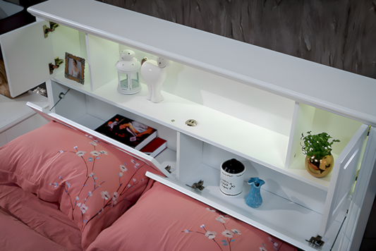Da vinci bed frame with book shelf, bed with led lights in headboard