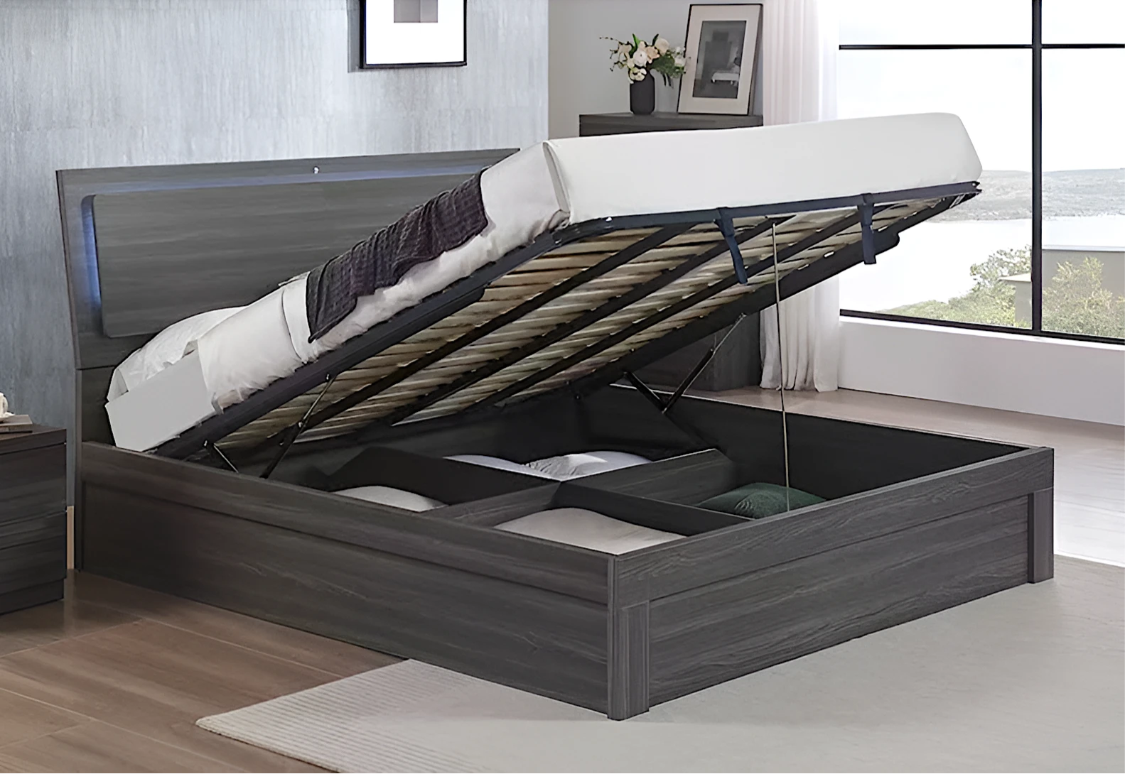 ETC London bed frame with gas lift storage opened – spacious under-bed compartment for extra storage