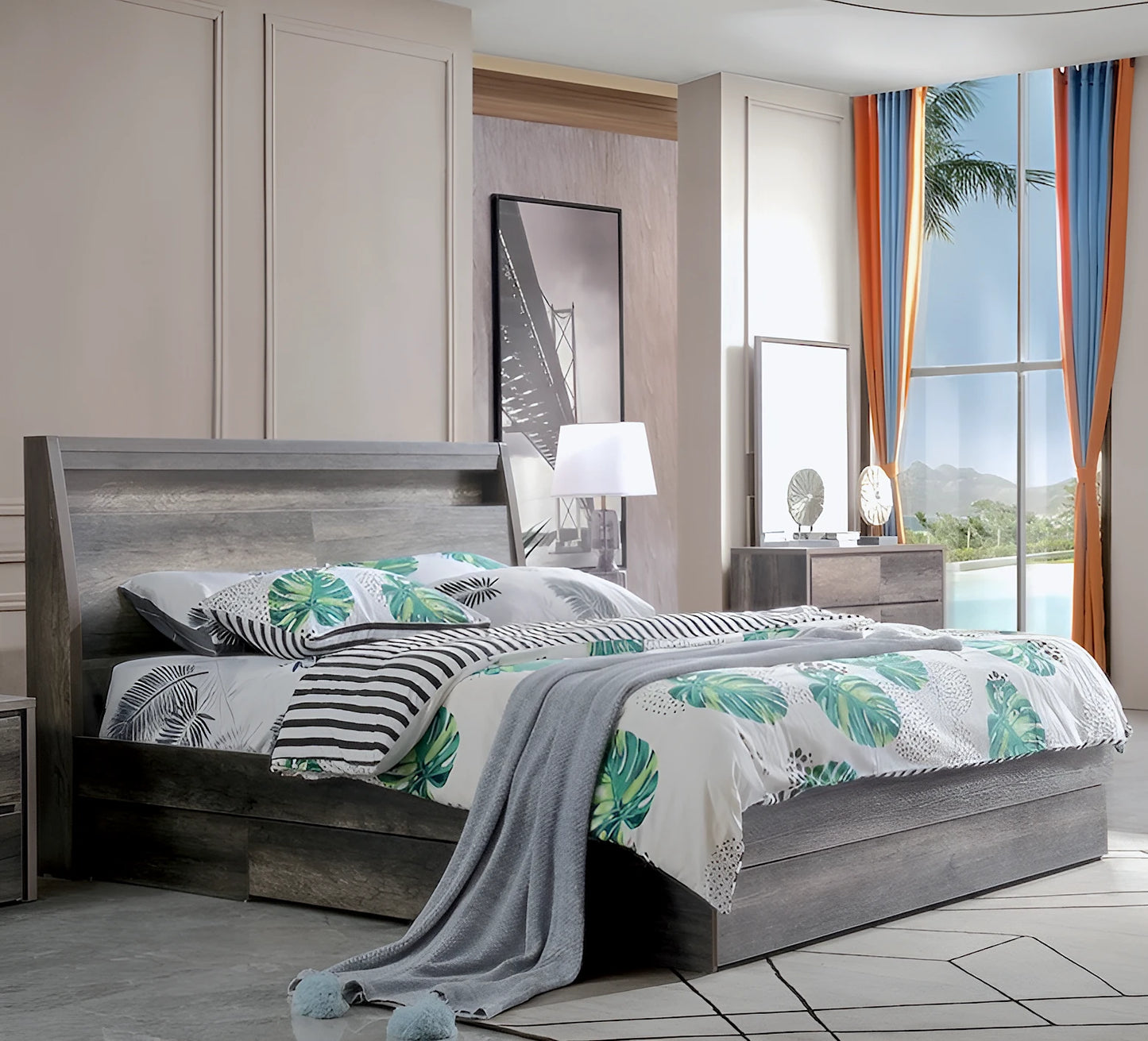 Eden bed frame in charcoal colour, with storage headboard and drawer bed base - available in double, queen and king size