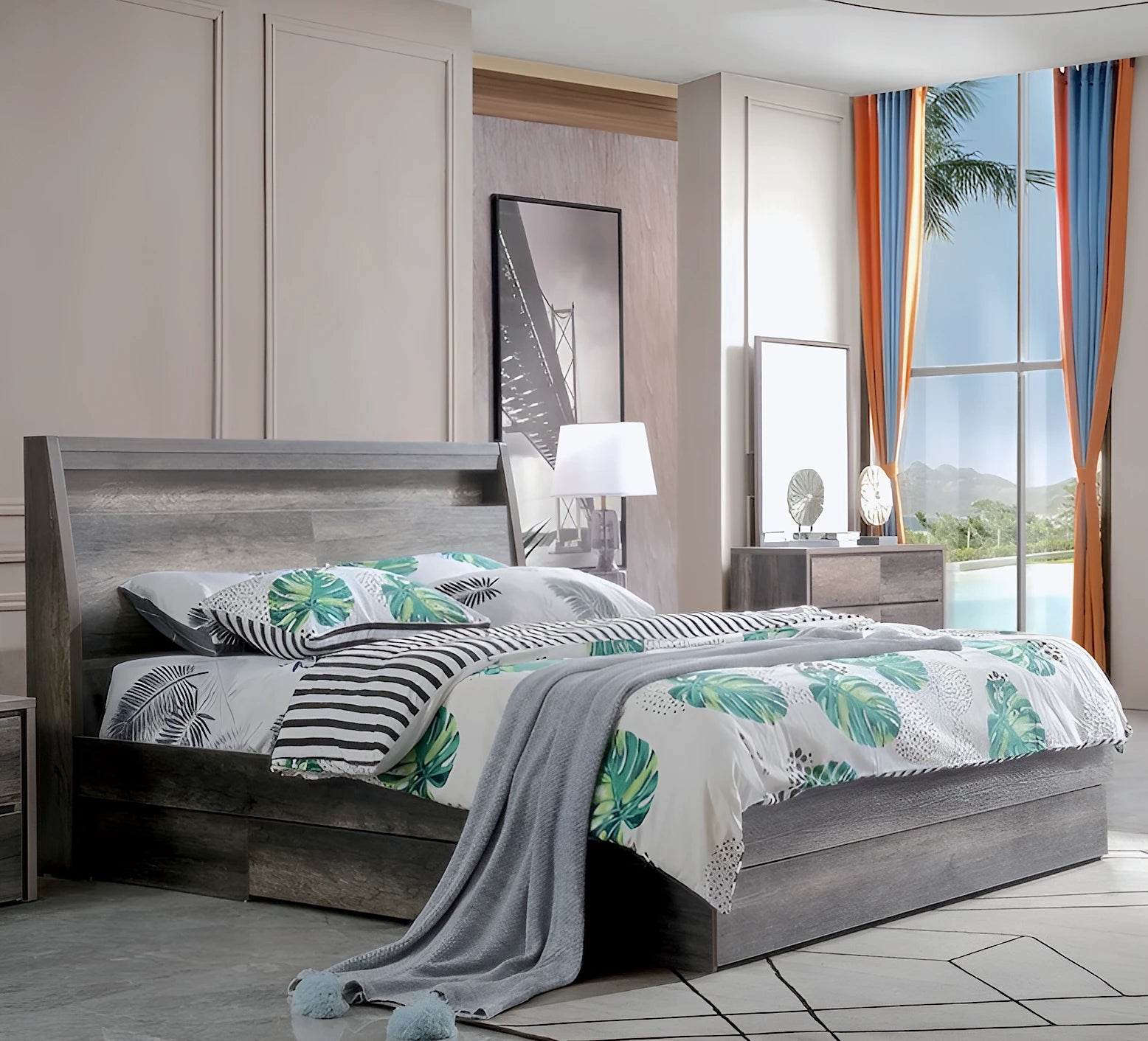 Eden bed frame in charcoal colour, with storage headboard and drawer bed base - available in double, queen and king size