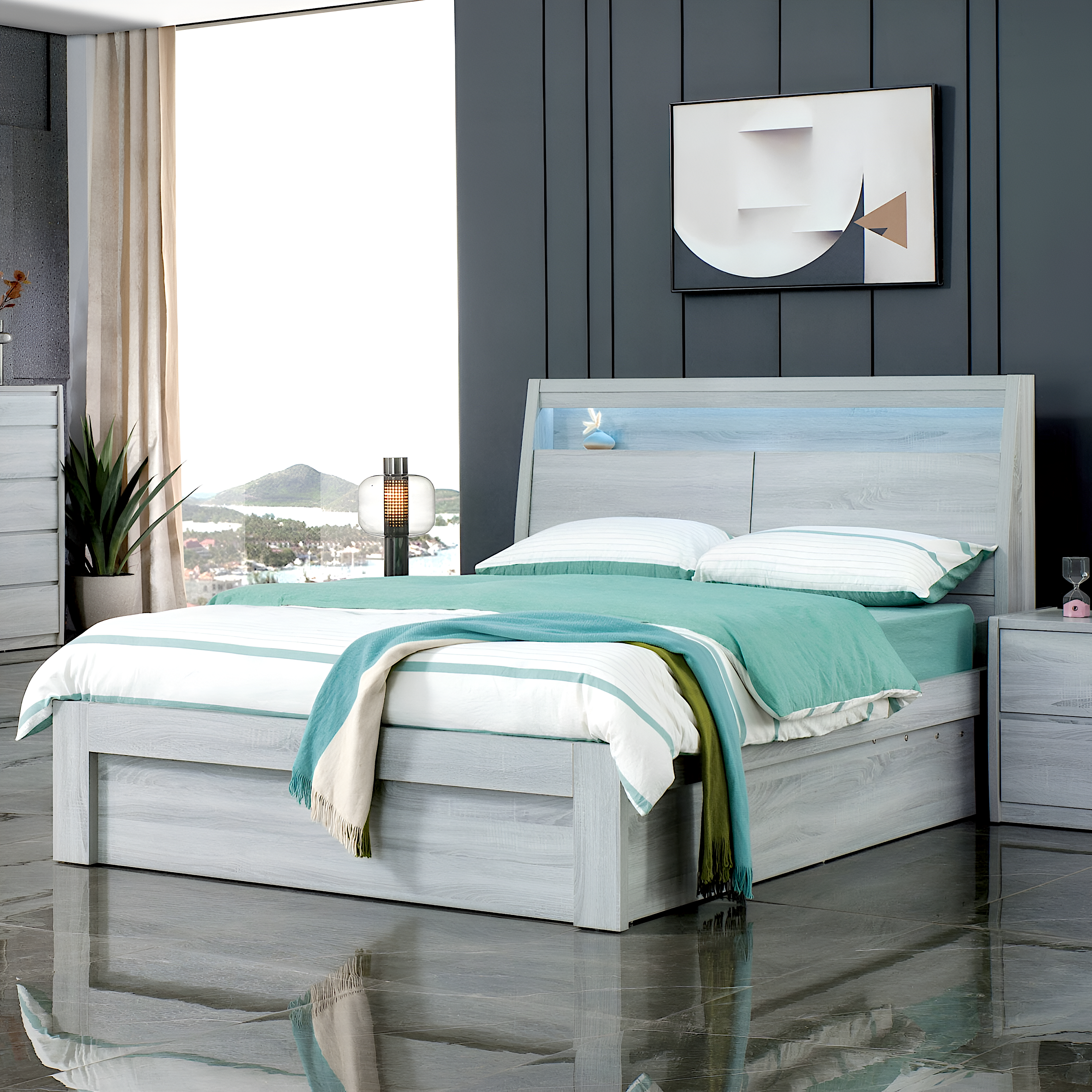 Edgecliff gas lift storage bed with led lights in headboard