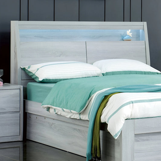 Edgcliff storage bed in washed oak colour - modern design with LED headboard