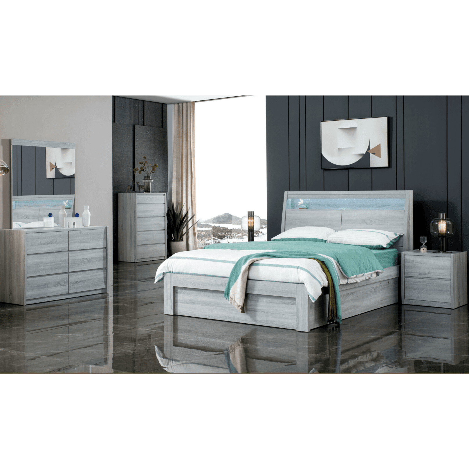 edgecliff double, queen, king bed frame gas lift cement grey, washed oak, side board lift end drawer, three drawers