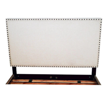 Elizabeth upholstered platform bed frame in beige, fabric headboard