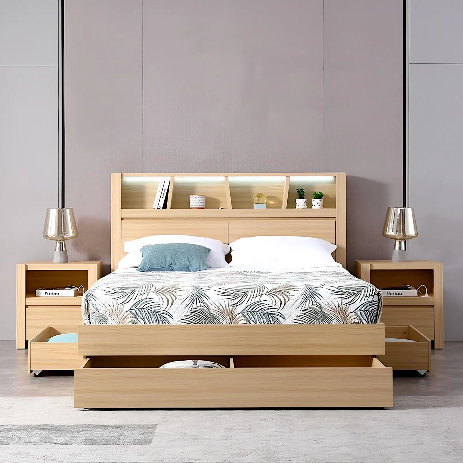 Emma bed frame in alpine oak finished, comes with led lights, usb chargers and drawers.