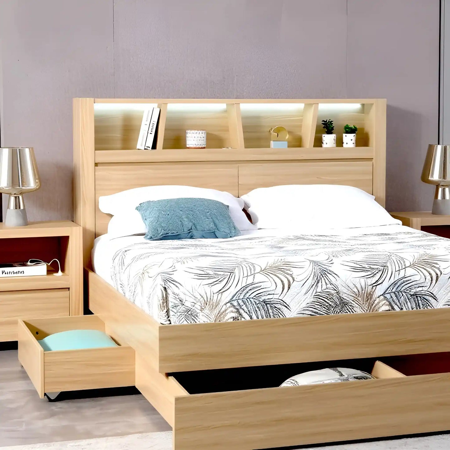 Emma bed frame in alpine oak finished, available in double, queen and king size.